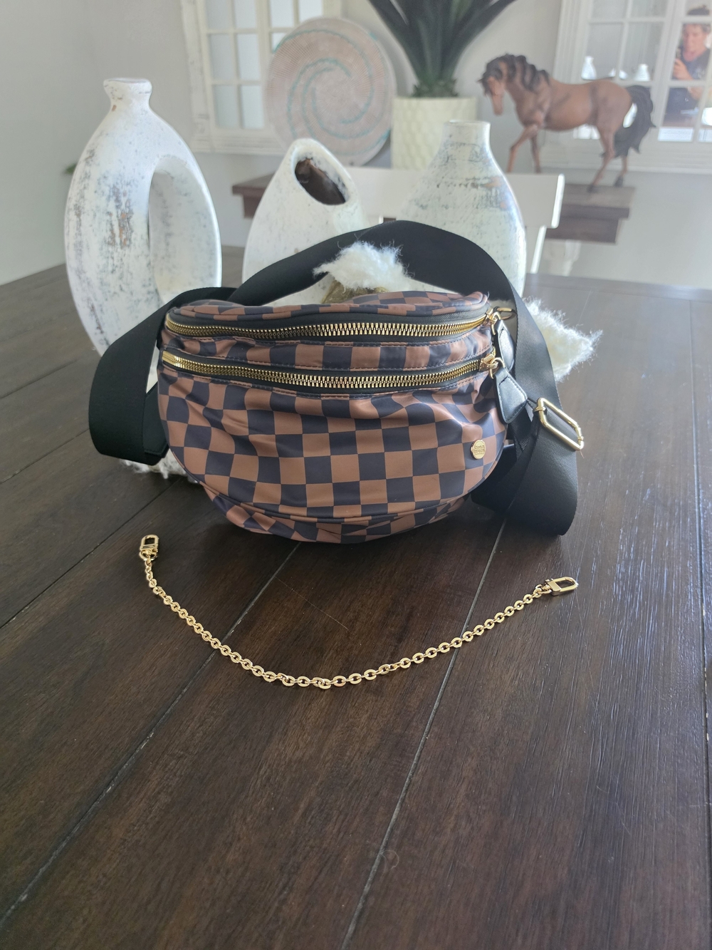 Checker Quilted Brown Crossbody Belt Bag with Gold Hardware